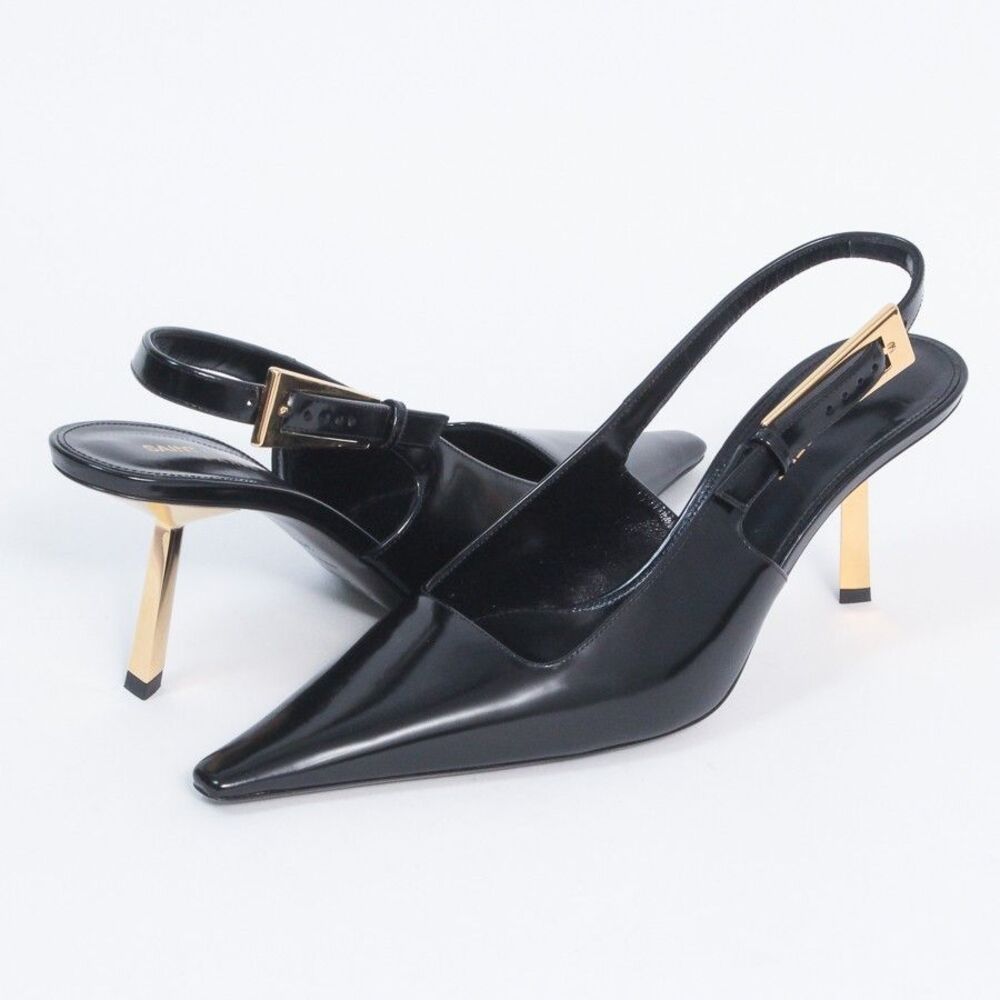 Saint Laurent YSL Lee Slingback Pumps Black Leather Gold Heel Shoes 39.5 NIB - Picture 1 of 13